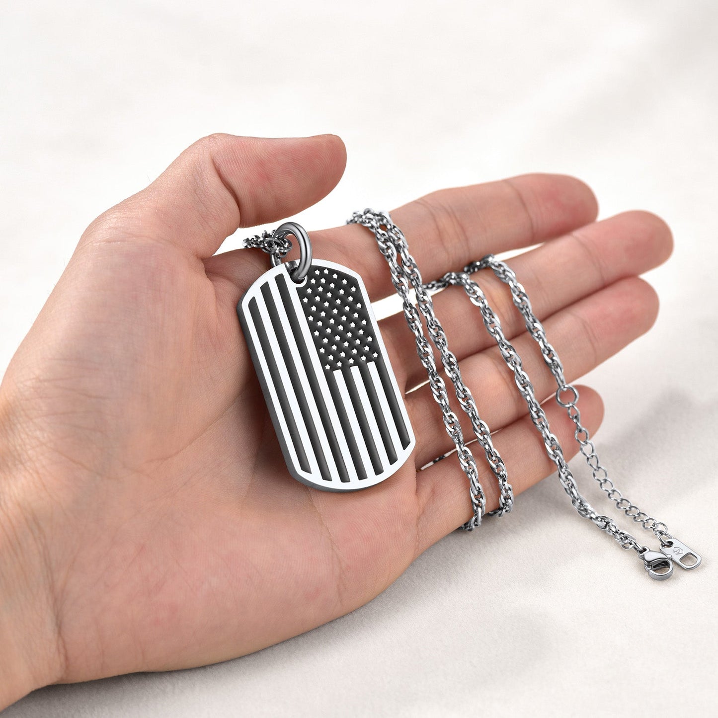 Engraved Patriotic American Flag Dog Tag Necklace for