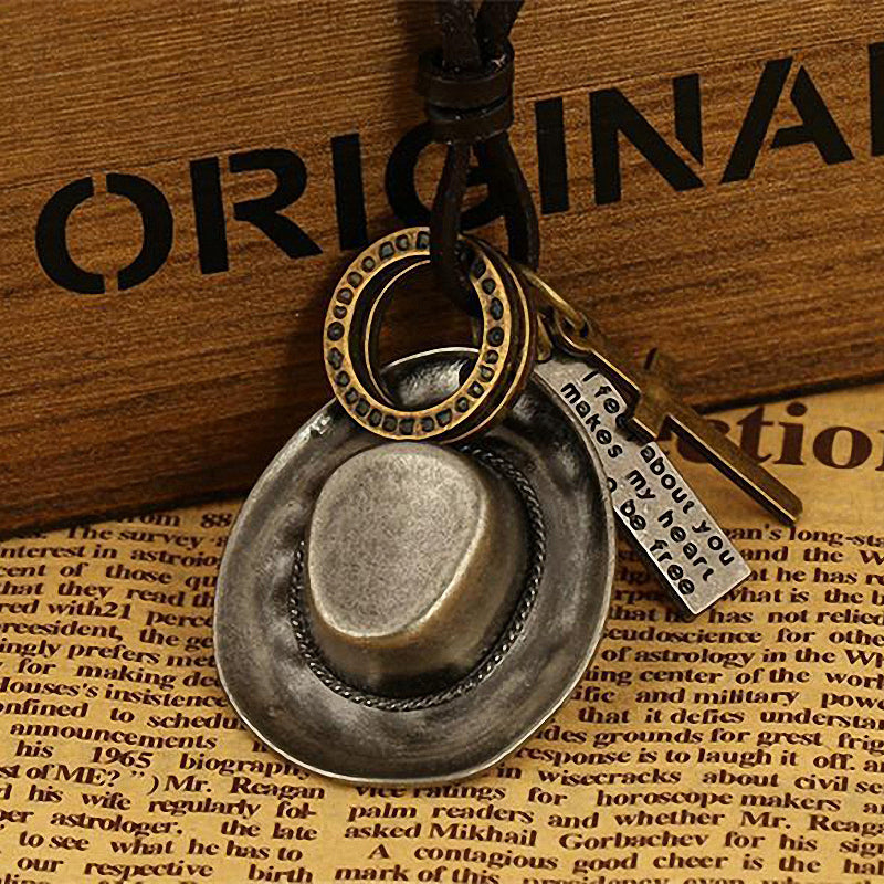 Antique Cowboy Hat Leather Rope Pendant Necklaces / Western Style Accessories