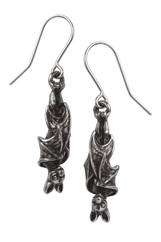 Antiqued Hanging Bat Earrings With Silver Plated Earwires