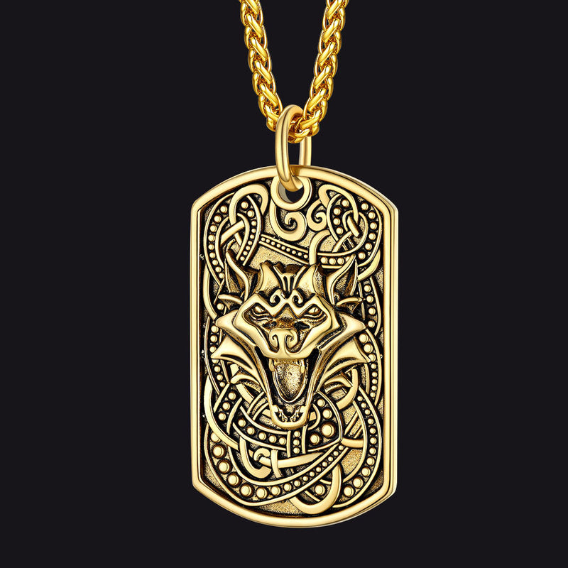 Engraved Viking Celtic Wolf Dog Tag Necklace for