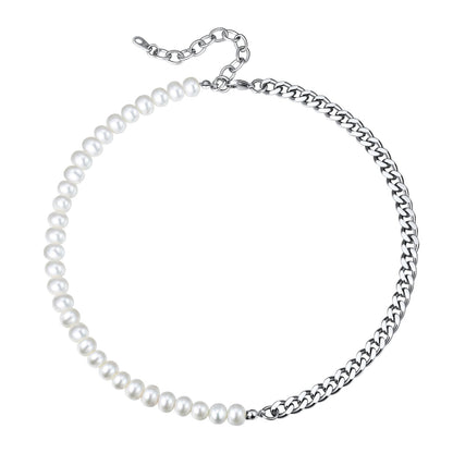 Half 8mm White Pearl and Half 7mm Cuban Link Chain Choker Necklace