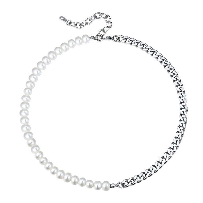 Half 8mm White Pearl and Half 7mm Cuban Link Chain Choker Necklace