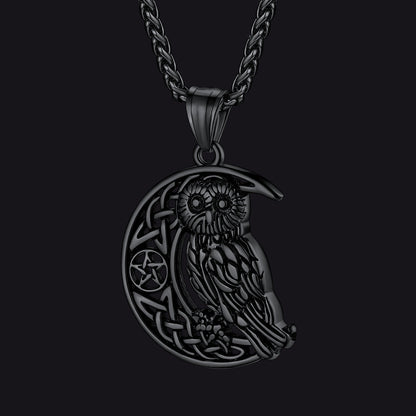 Viking Celtic Crescent Moon Owl Necklace for