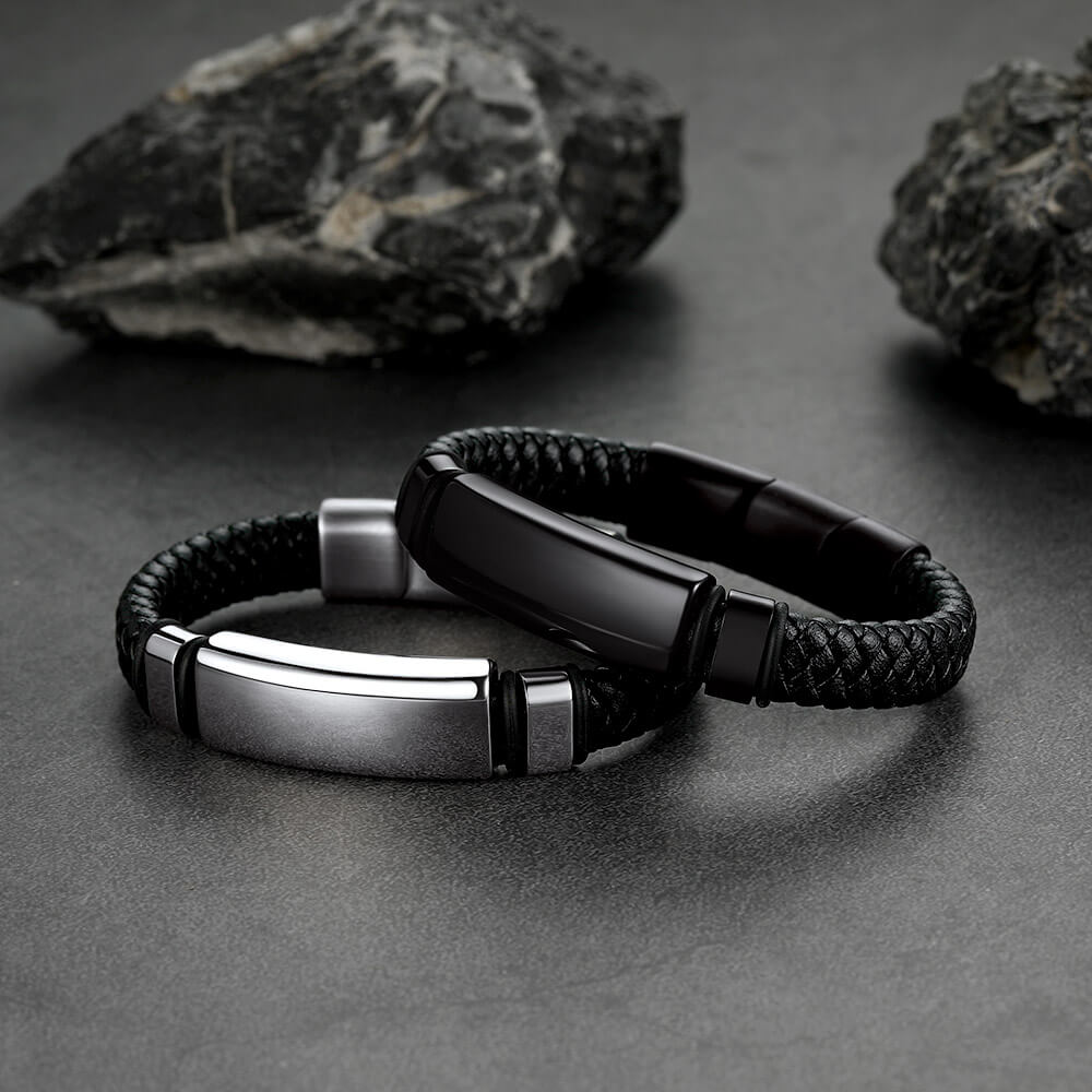 Custom Braided Black Engraved Leather Bracelet Cuff for