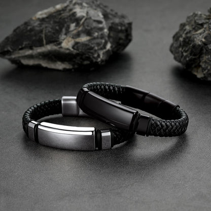 Custom Braided Black Engraved Leather Bracelet Cuff for