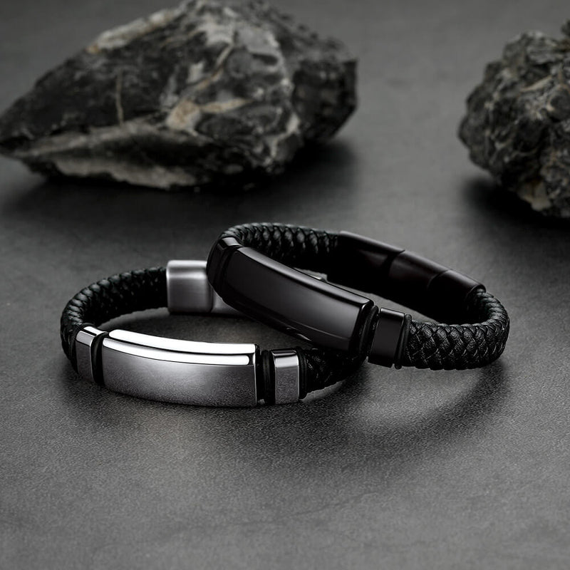 Custom Braided Black Leather Bracelet Birthday Gift for