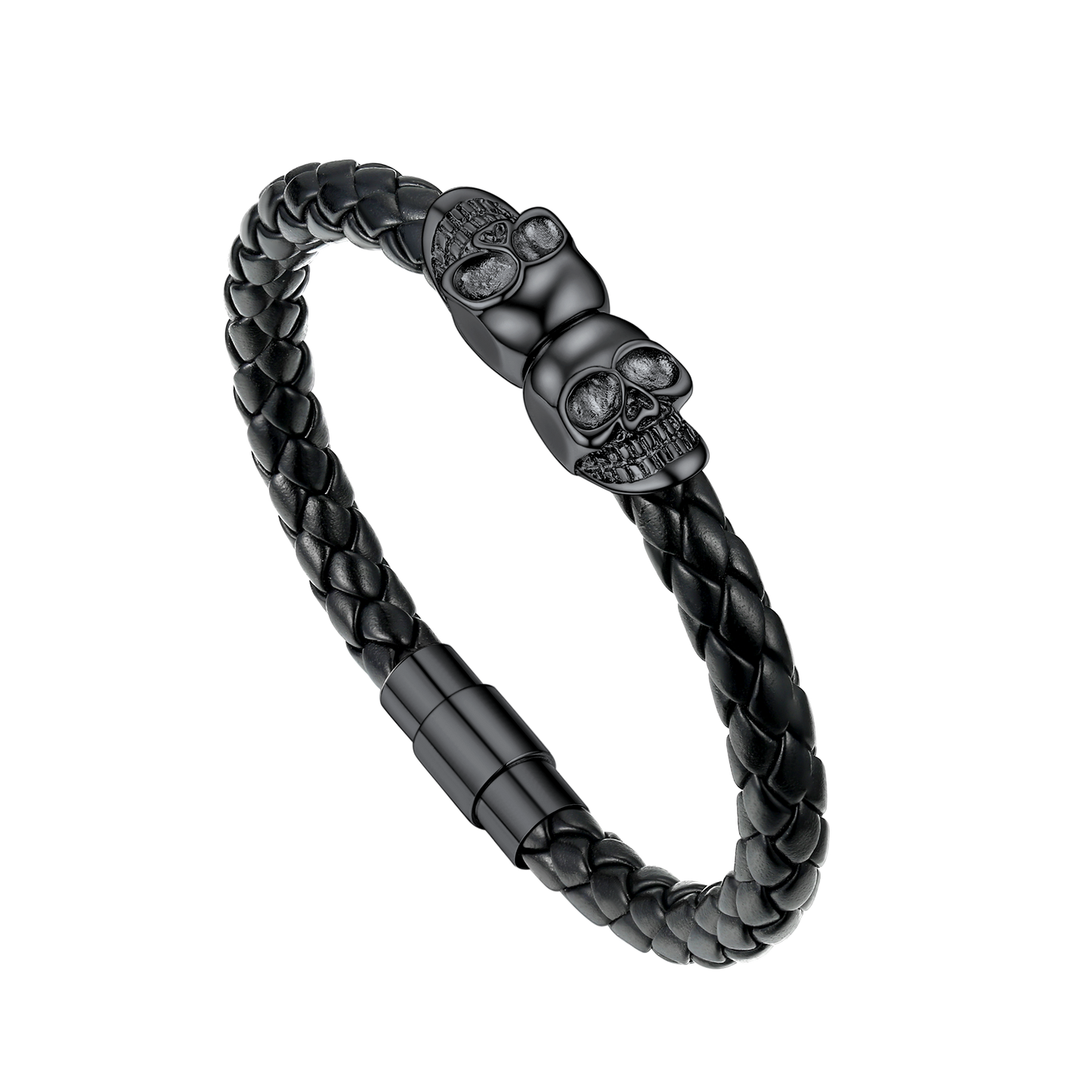 Black Braided Leather Bracelet With Skull for