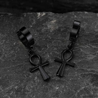 Ankh Cross Dangle Hoop Earrings for