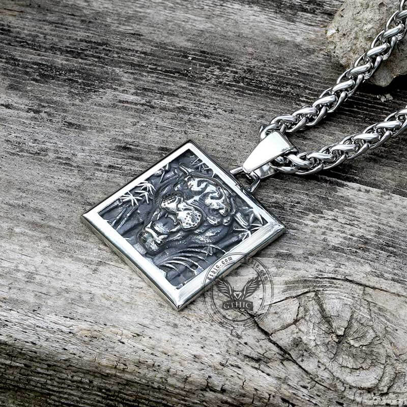 Bamboo Tiger Stainless Steel Square Pendant