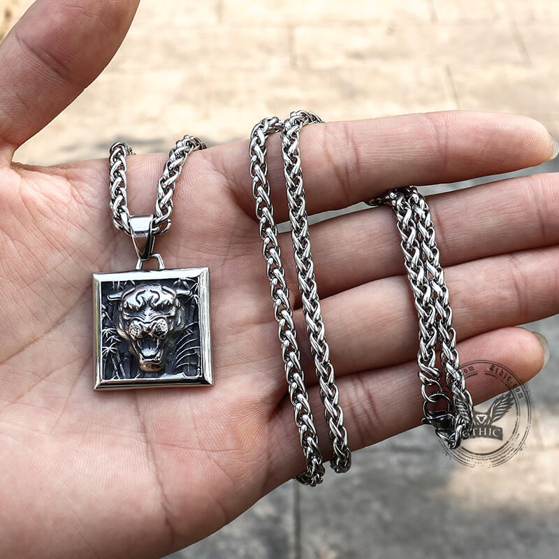 Bamboo Tiger Stainless Steel Square Pendant
