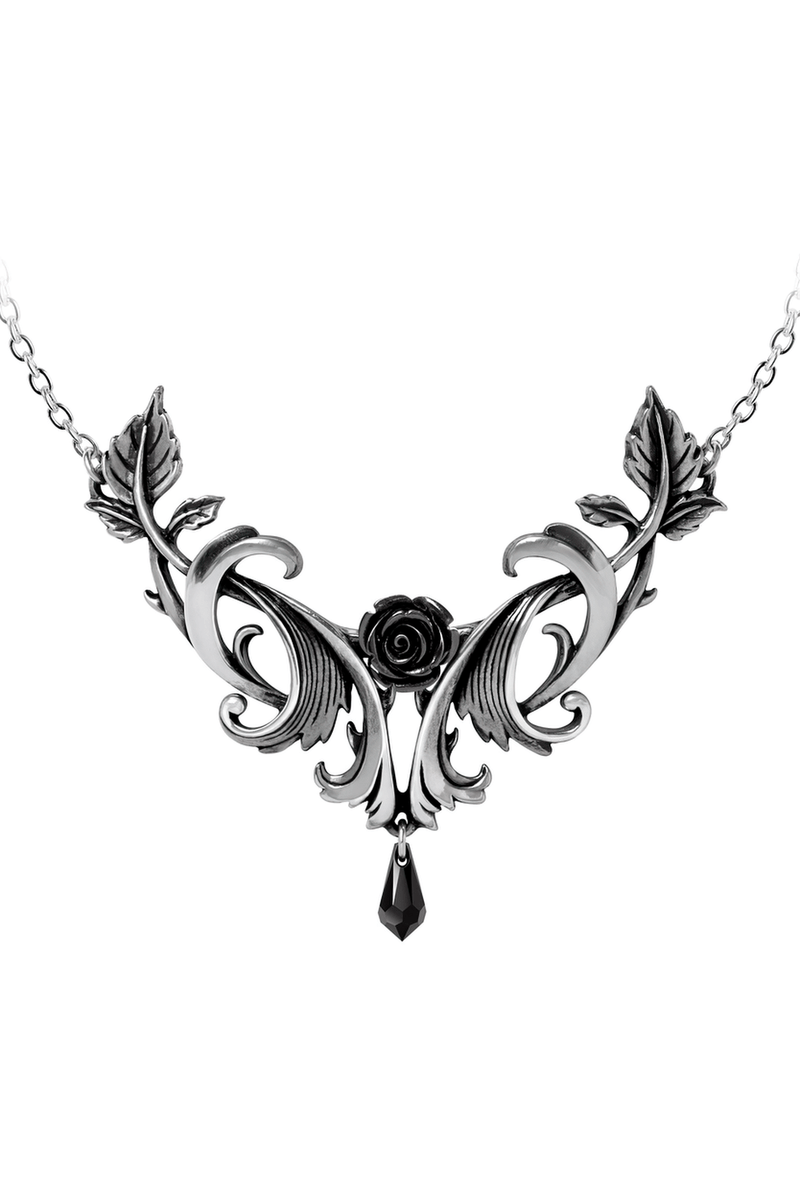 Baroque Rose Pendant With Black Austrian Crystal Drop