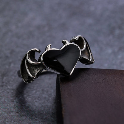 Bat and Heart Stainless Steel Gothic Ring