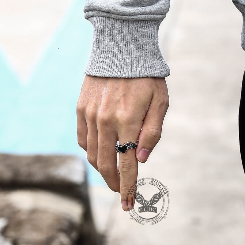 Bat and Heart Stainless Steel Gothic Ring