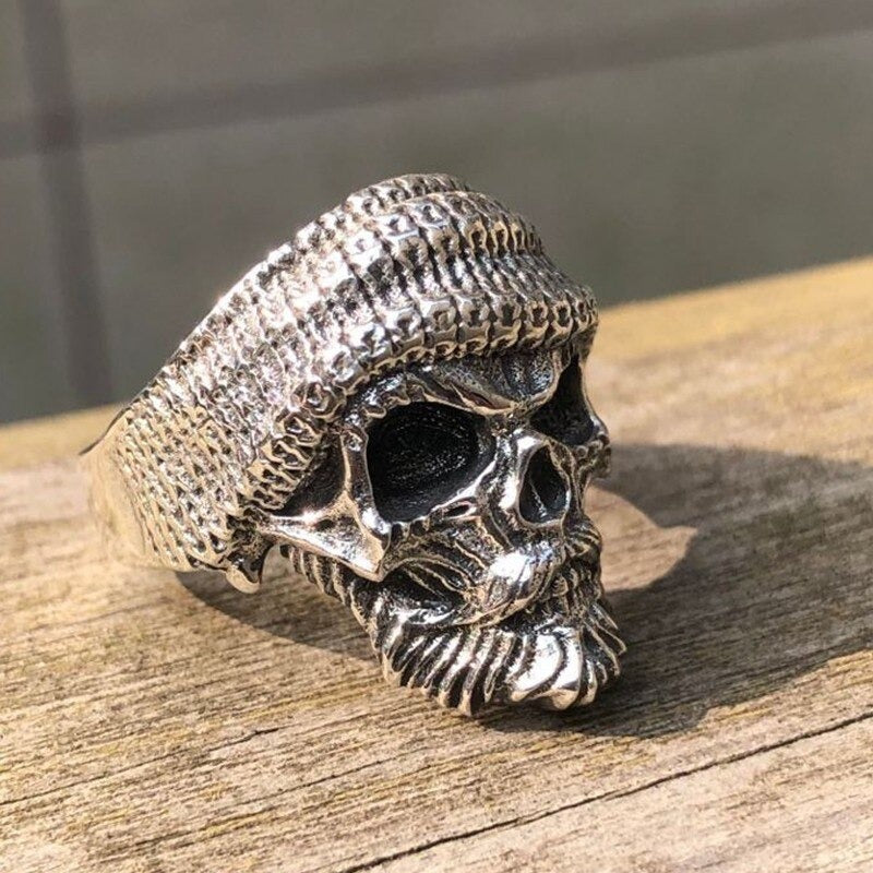 Bearded Skull Ring / 925 Sterling Silver Adjustable Rings / Gothic Punk Rock Biker Jewelry