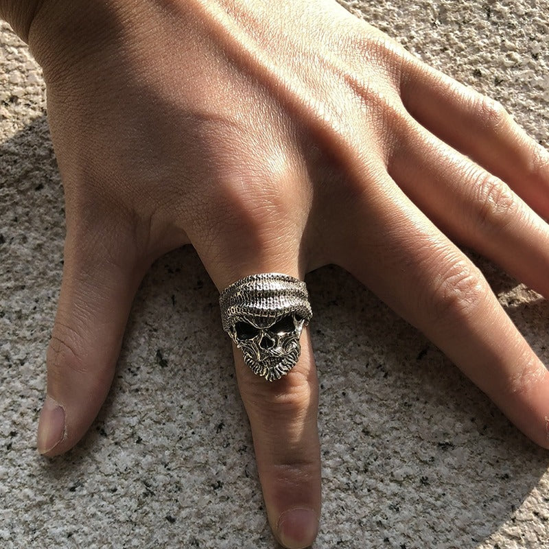Bearded Skull Ring / 925 Sterling Silver Adjustable Rings / Gothic Punk Rock Biker Jewelry