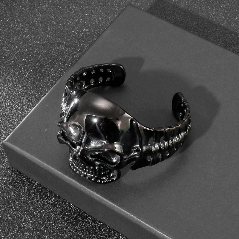 Biker Skull Stainless Steel Black Color Bracelet / Gothic Male Open Bracelets
