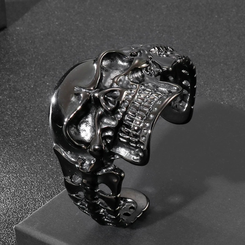 Biker Skull Stainless Steel Black Color Bracelet / Gothic Male Open Bracelets