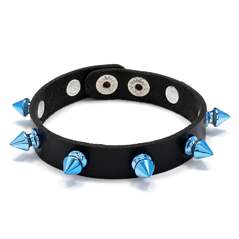 Biker Bracelet Pu Leather With Rivet of Blue Cone / Punk Bangles With Wide Cuff