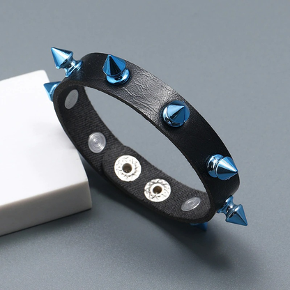 Biker Bracelet Pu Leather With Rivet of Blue Cone / Punk Bangles With Wide Cuff