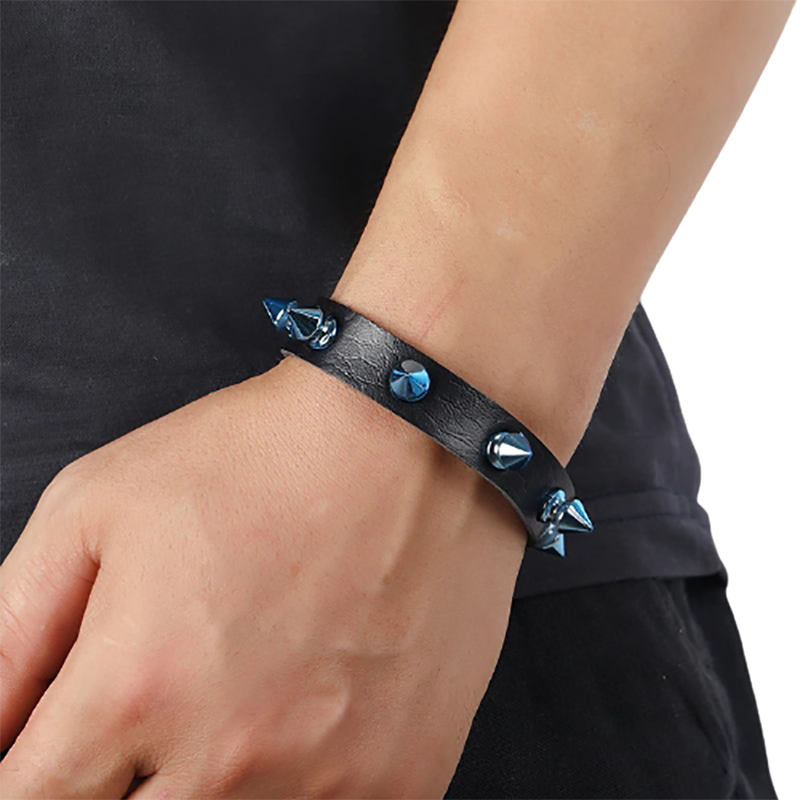 Biker Bracelet Pu Leather With Rivet of Blue Cone / Punk Bangles With Wide Cuff