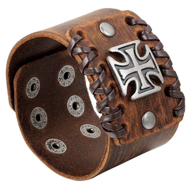Rock 4.4cm Wide Brown and Black Leather Bracelet With Celtic Cross on Front