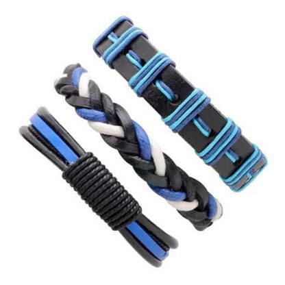 Black & Blue Leather Bracelet in Rock Style & Braided Rope Wristband Set of 3 Pcs