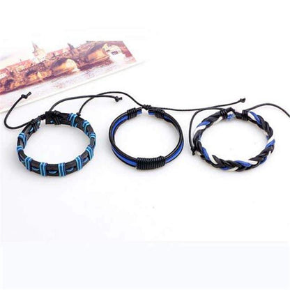 Black & Blue Leather Bracelet in Rock Style & Braided Rope Wristband Set of 3 Pcs