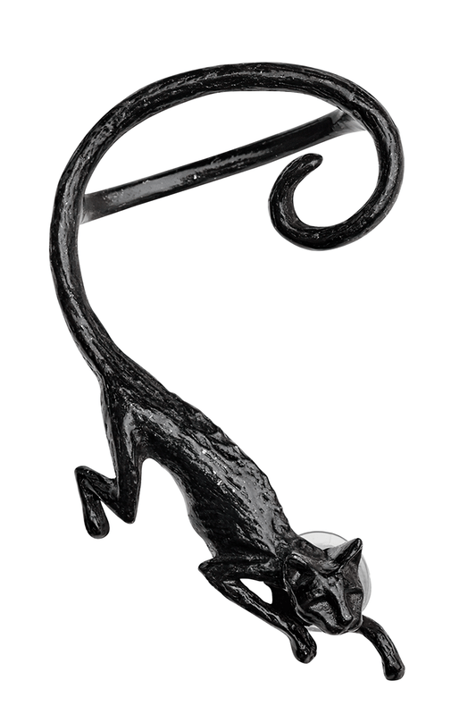 Black Cat Earwrap in Pewter With Curled Tail Design