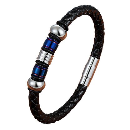 Black Genuine Leather Bracelet / Stainless Steel Magnetic Clasp Bracelet