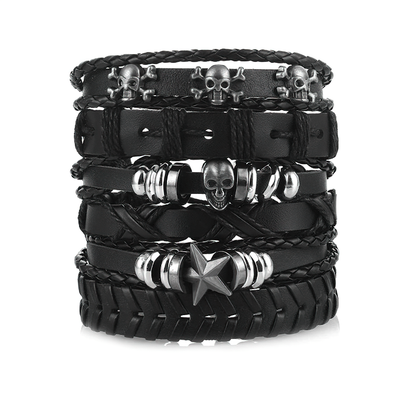 Black Leather Bracelet in Rock Style With Skull & Star Wristband Set of 6 Pcs