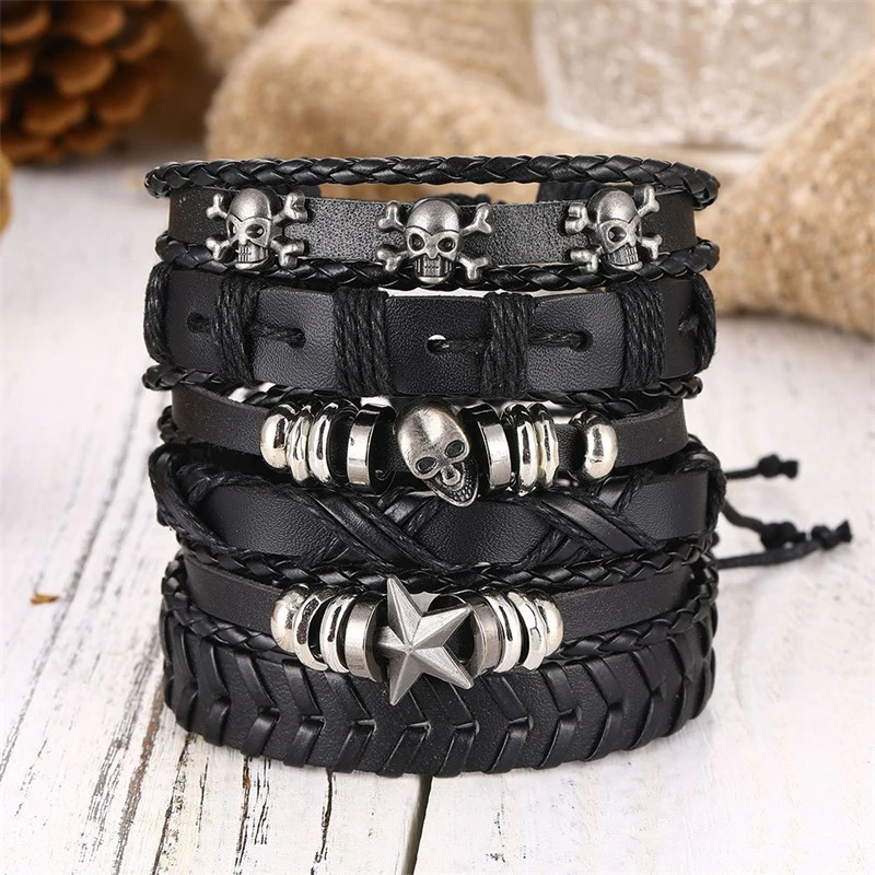 Black Leather Bracelet in Rock Style With Skull & Star Wristband Set of 6 Pcs