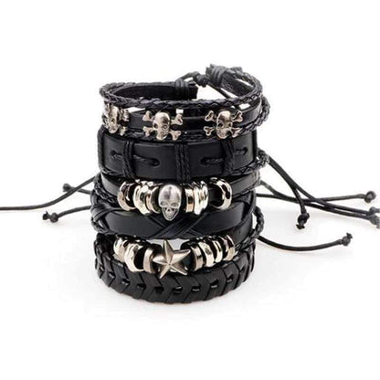Black Leather Bracelet in Rock Style With Skull & Star Wristband Set of 6 Pcs