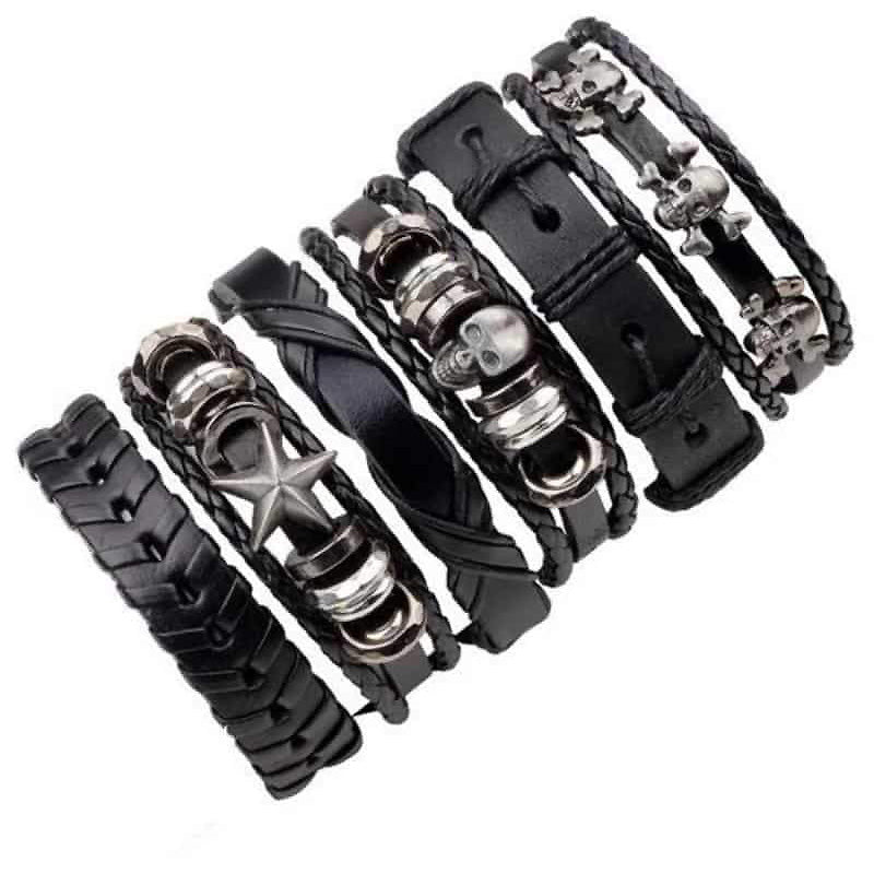 Black Leather Bracelet in Rock Style With Skull & Star Wristband Set of 6 Pcs