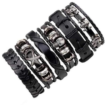 Black Leather Bracelet in Rock Style With Skull & Star Wristband Set of 6 Pcs