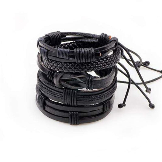 Black Leather Bracelet & Wristband in Rock Style Set of 5 Pcs