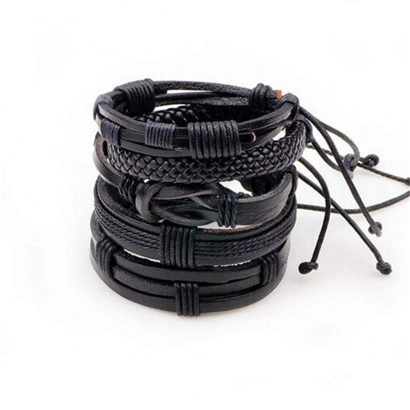 Black Leather Bracelet & Wristband in Rock Style Set of 5 Pcs