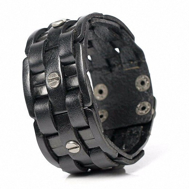 Black Leather Hand-woven Bracelets / Mosaic Wrap Bandage Bracelet for &