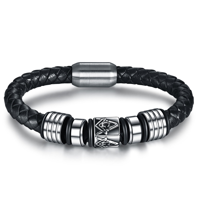 Black Leather Masonic Bracelet / Stainless Steel Magnet Bangle / and Jewelry