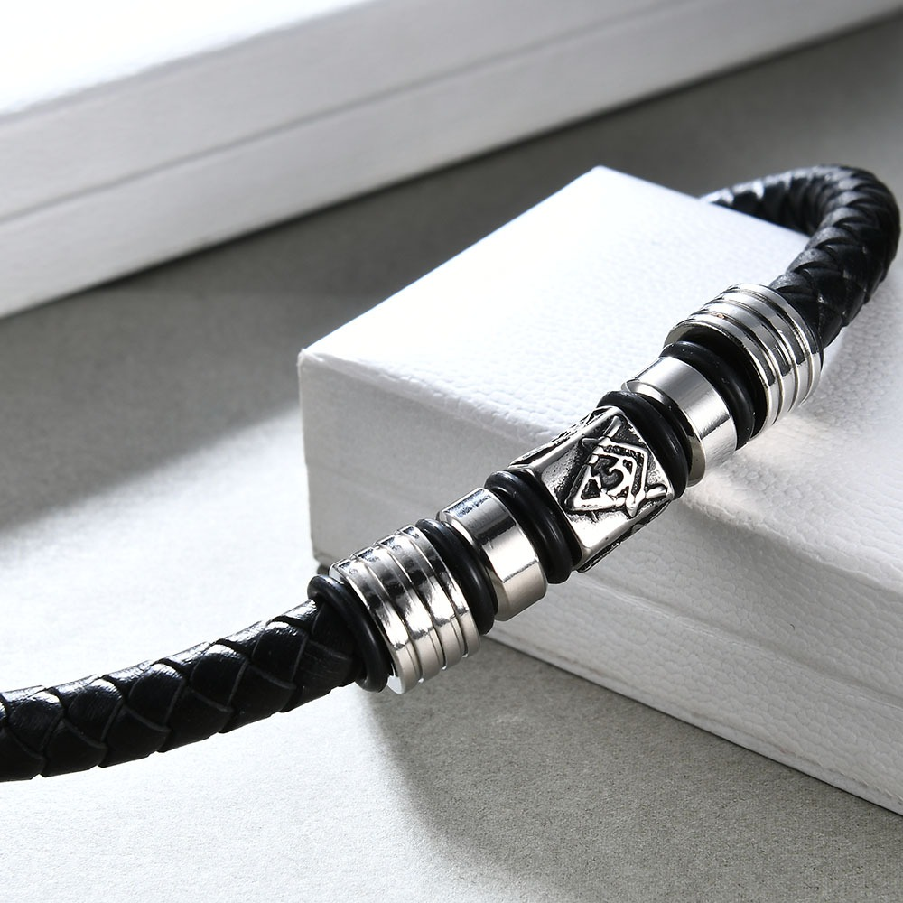 Black Leather Masonic Bracelet / Stainless Steel Magnet Bangle / and Jewelry