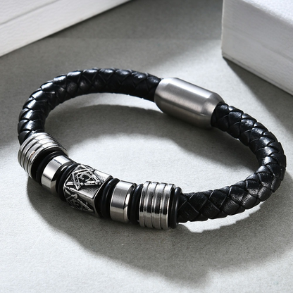 Black Leather Masonic Bracelet / Stainless Steel Magnet Bangle / and Jewelry