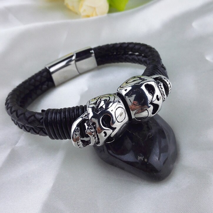 Black Braided Rope Leather Bracelet With Stainless Steel Skulls / Punk Rock Style Male Jewelry