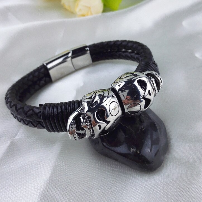Black Braided Rope Leather Bracelet With Stainless Steel Skulls / Punk Rock Style Male Jewelry