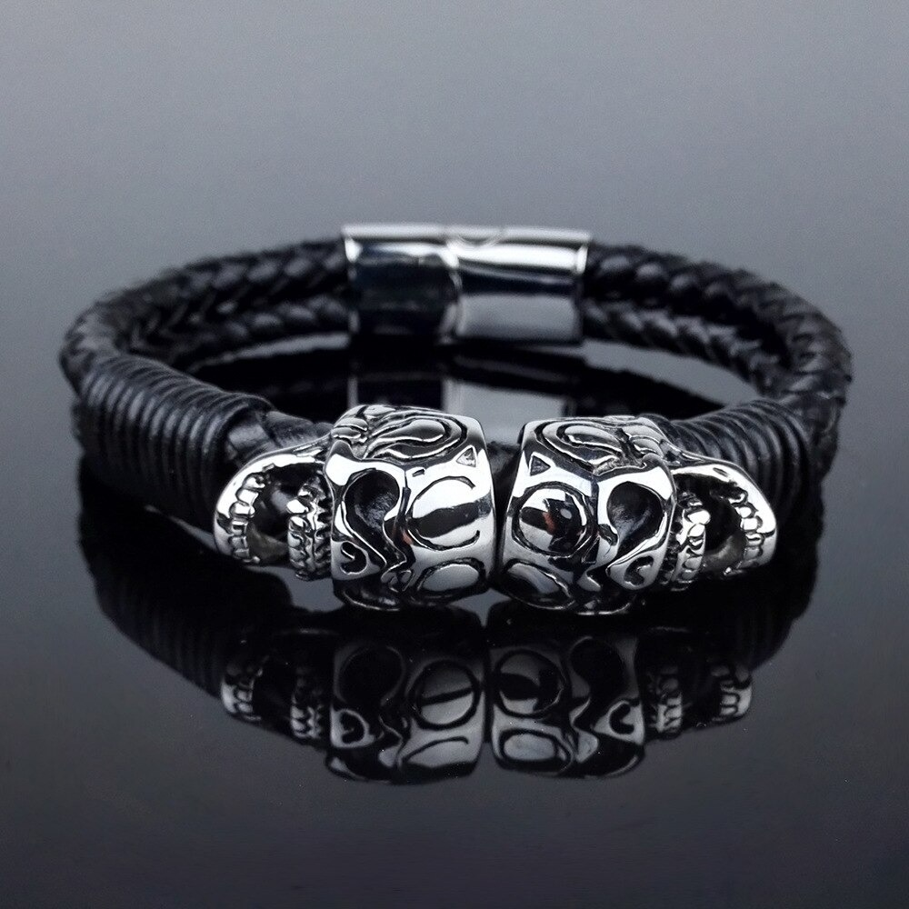 Black Braided Rope Leather Bracelet With Stainless Steel Skulls / Punk Rock Style Male Jewelry