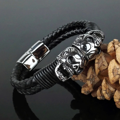 Black Braided Rope Leather Bracelet With Stainless Steel Skulls / Punk Rock Style Male Jewelry