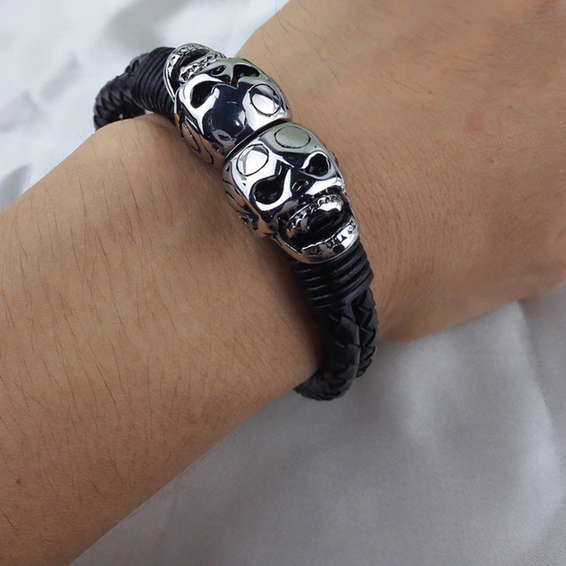 Black Braided Rope Leather Bracelet With Stainless Steel Skulls / Punk Rock Style Male Jewelry