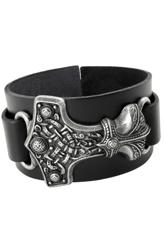 Black Norse Thor Hammer Wide Leather Bracelet