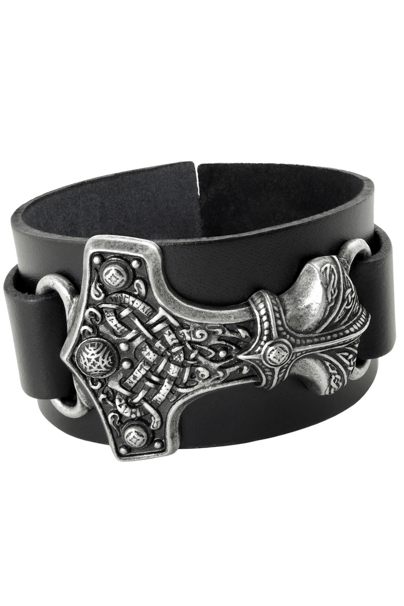 Black Norse Thor Hammer Wide Leather Bracelet