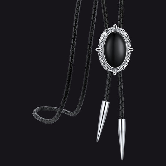 Western Black Onyx Leather Wedding Bolo Tie for