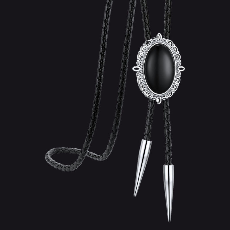 Western Black Onyx Leather Wedding Bolo Tie for