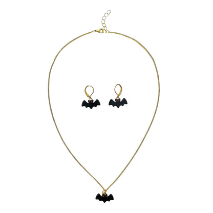 Black Bat Charm Red Crystal Eyes Matching Gold Necklace & Earring Set - 18"